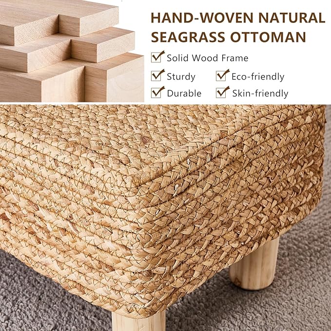 Wimarsbon Natural Seagrass Footstool Ottoman Rectangular Footrest Pouf Ottomans with Wooden Legs Hand Weave Step Stool for Living Room Bedroom Entryway Natural