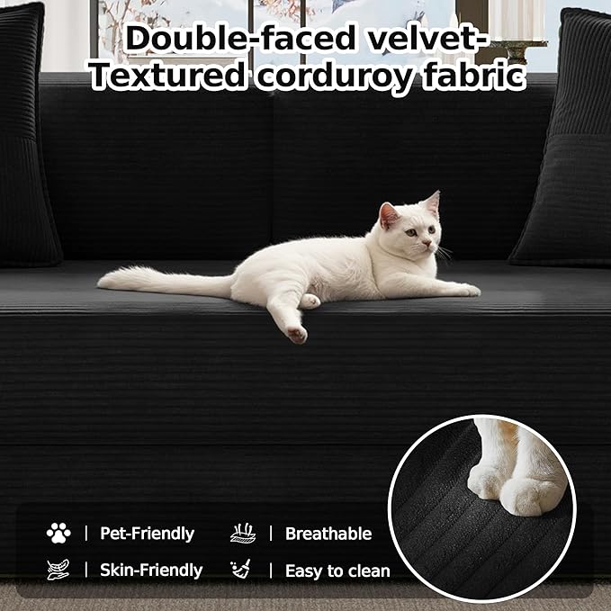 78.8" Convertible Sofa Bed,Corduroy Futon Couch with Storage Pocket,Folding Pull Out Futon Sofa, No Assembly Boneless Couch for Living Room,Black