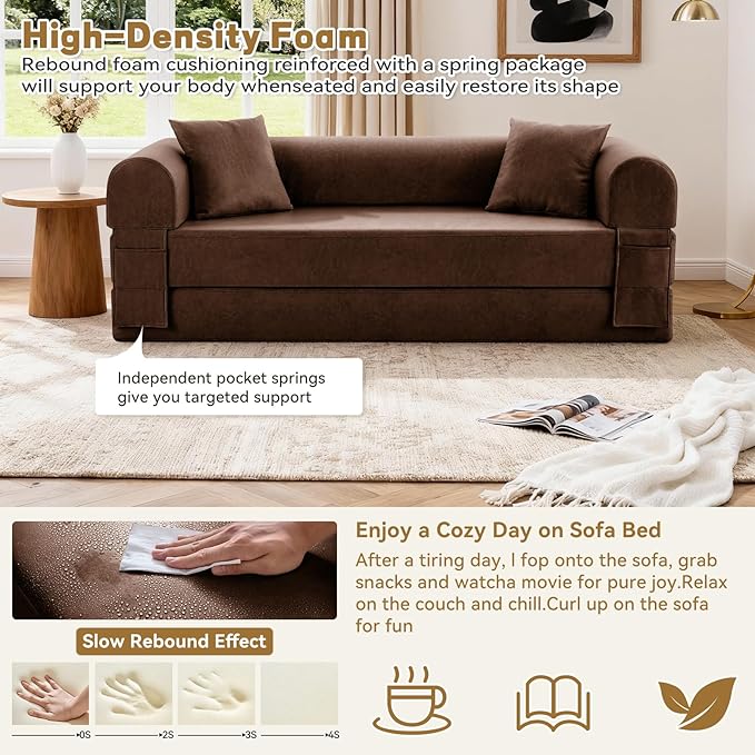 Convertible Folding Sofa Bed,78.5 Inch Faux Leather Futon Couch with Pillows & Storage Pocket,5-in-1 Queen Sleeper Sofa in a Box with Pull Out Bed,Boneless Couch for Living Room Bedroom,Brown