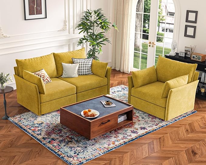 ABCASA Oversized Loveseat Sofa, Modern Modular Sectional Couch Yellow Fluffy Chenille Mid Century 2-Seat 24.5" Deep Seat for Apartment, Living Room, Bedroom