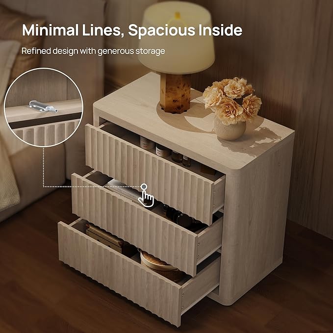 SICOTAS Night Stand Set 2 - Oversized Extra Large Bedside Table Modern Side Table with Storage Fluted 3 Drawer Nightstand 27.5" W End Tables Dorm Room Nightstands for Bedroom Sofa Couch Home Office