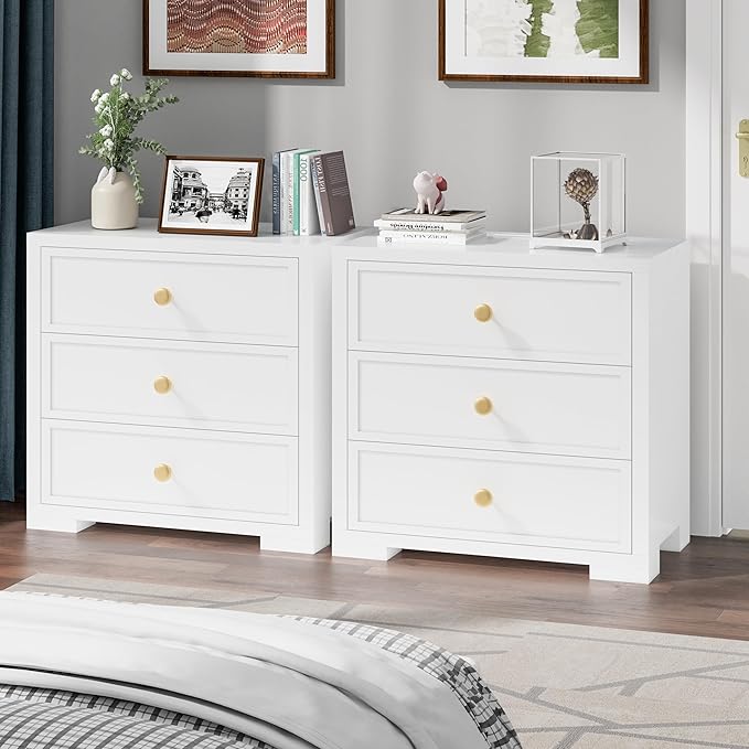 COWMOU Nightstand with Drawers 3 Drawer Night Stand with Charging Station Farmhouse Style Large Bed Side Table Wooden Dresser for Bedroom Living Room (1, White)