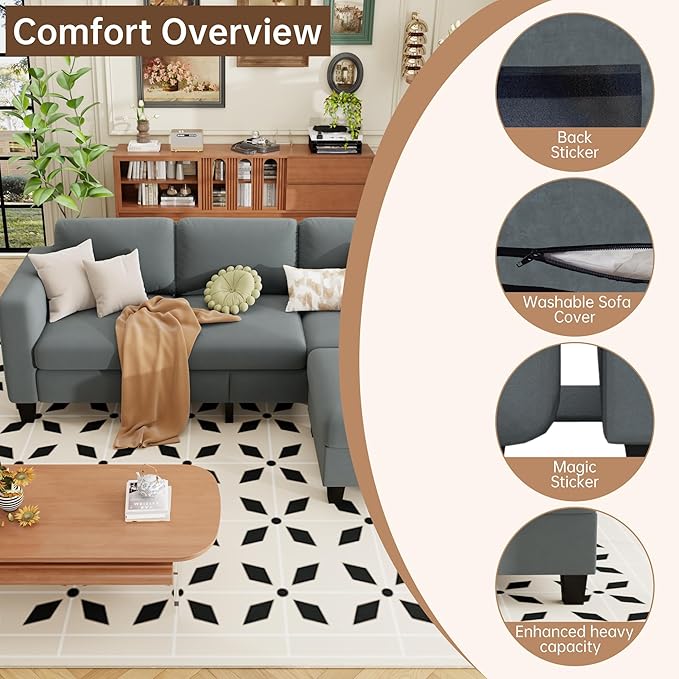 ZeeFu Sectional and Sofa Couches for Living Room - 78'' 3 Seater L-Shaped Modular Couch with Storage Ottoman - Modern Velevt Fabric Upholstered Sofa Set for Small Space Apartment Office