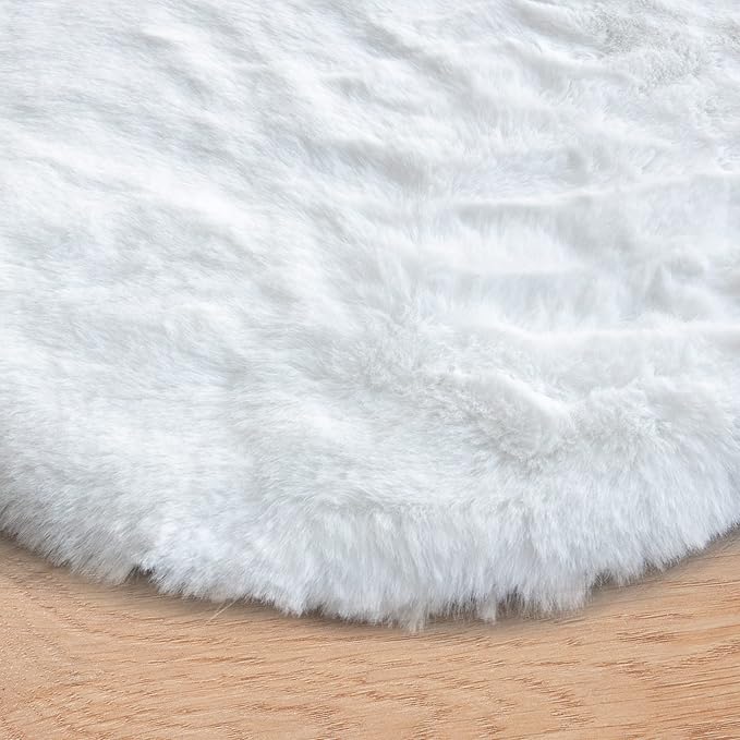White Shag Round Rugs 8ft for Dining Room Table Faux Bunny Machine Washable Fur Area Rugs for Bedroom Living Room Nursery Circle Rug