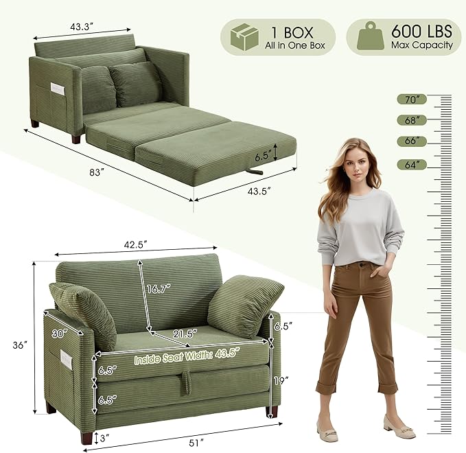 51" Loveseat Sleeper Sofa Bed, Corduroy Convertible Floor Sofa Bed for Small Spaces, Folding Couch Bed with Deep Seat, 2 Pillows & Solid Frame, Pull Out Floor Couch for Living Room, Green