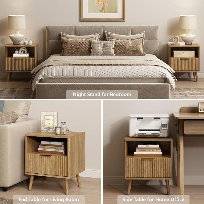 CARPETNAL Fluted Nightstand, Walnut Bedside Table with Drawer and Storage Shelf, Wood End Table Mid Century Night Stands for Bedroom Living Room