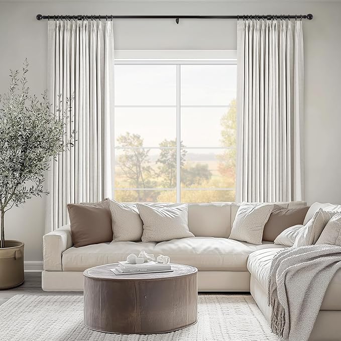 Topfinel Pinch Pleat Full Blackout Curtains & Drapes 84 Inch Length 2 Panels Set, Flax Linen Room Darkening Soundproof Curtains with Hooks Rings for Bedroom Living Room Track System, Beige Ivory Birch