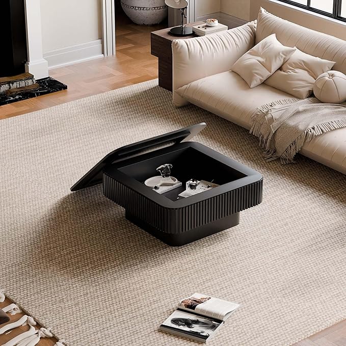 Square Small Coffee Table with Storage, Modern Wooden Coffee Table with Solid Wood Veneered, Fluted Center Table Drum Tea Table for Living Room Apartment, 31.5''L×31.5''W×14''H