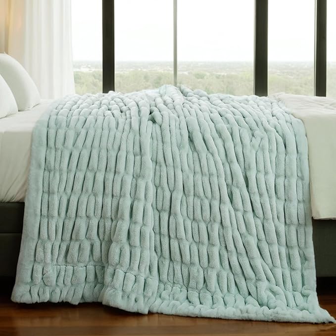 BATTILO HOME Luxury Faux Fur Throw Blanket for Couch, Super Soft Warm Cozy Plush Mink Blanket, Double Side Ruched Rabbit Fur Blanket for Bed, Sofa, Chair, 50"x60", Sage Green
