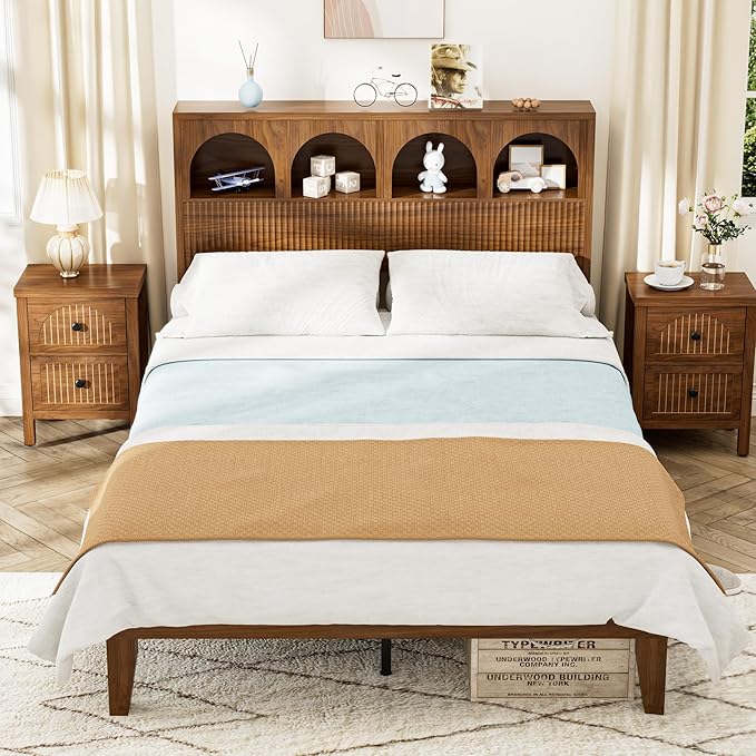 Full Bed Frame with Wave Headboard, Storage Headboard with 4 Arched Storage Compartments, Farmhouse Wooden Full Bed Frame, No Box Spring Needed, No Noise (Full-Walnut)