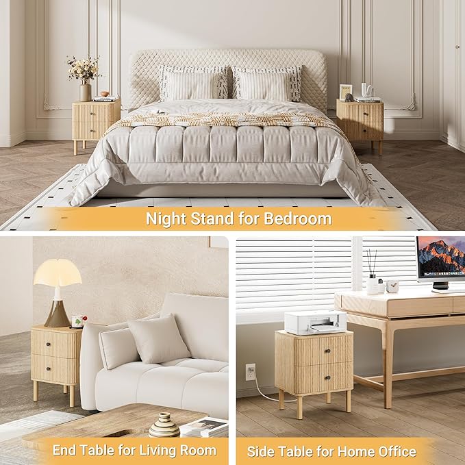 Night Stand with Charging Station, 18" Fluted Nightstand with Rounded Corners & Solid Wood Legs, 2 Drawers End Table with Storage, Mid Century Modern Bedside Table for Bedroom, Natural Oak