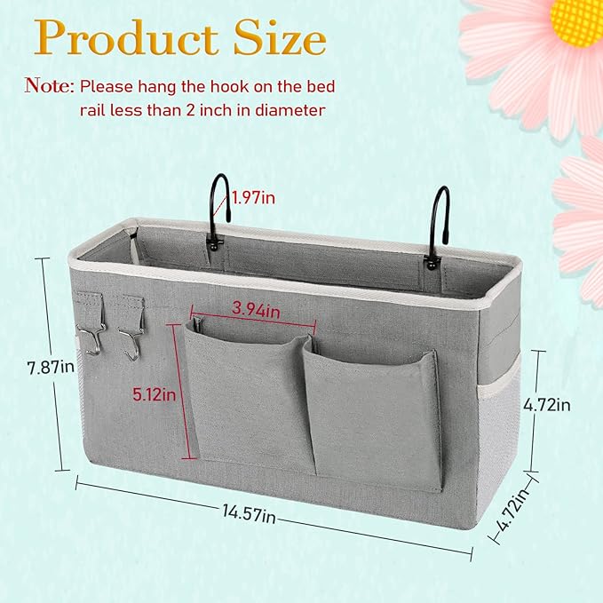 Ozzptuu Bedside Storage Caddy/Bedside Hanging Storage Bag for Headboards Bunk Beds Dorm Rooms Book Phone Magazine Holder (2PC Grey)