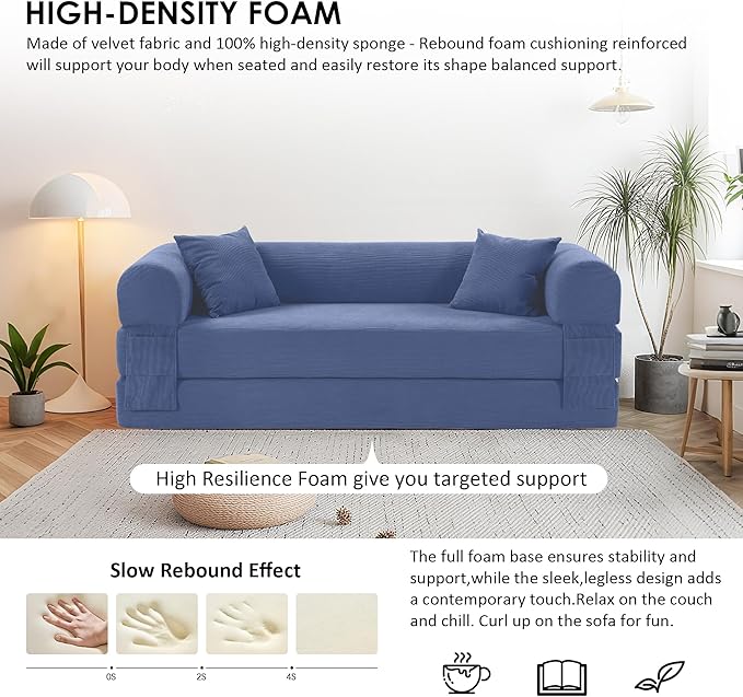80" Convertible Sofa Bed, Corduroy Deep Seat Folding Pull Out Couch with Pillows, No Assembly Modern Boneless Couch Compression Sofa in Box, Floor Sofa with Storage Pocket,Dark Smog Blue