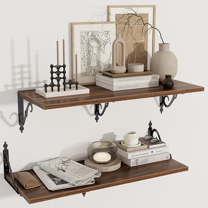 Dreamland Deep Floating Shelves, 31" W x 12" D Wall Shelves Set of 2, Wide Display Shelf Wall Mounted with Brackets, Bookshelf for Living Room, Bathroom, Bedroom, Walnut