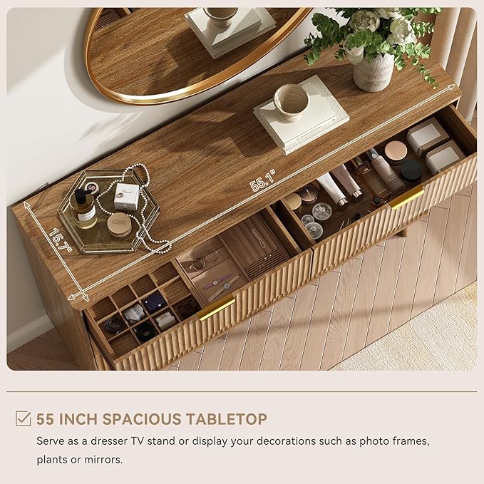 CARPETNAL Fluted 6 Drawer Dresser for Bedroom, 55" Wide Wooden Chest of Drawers with Rounded Corners, Gold Handles, Modern Storage Organizer for Bedroom, Hallway(Walnut)