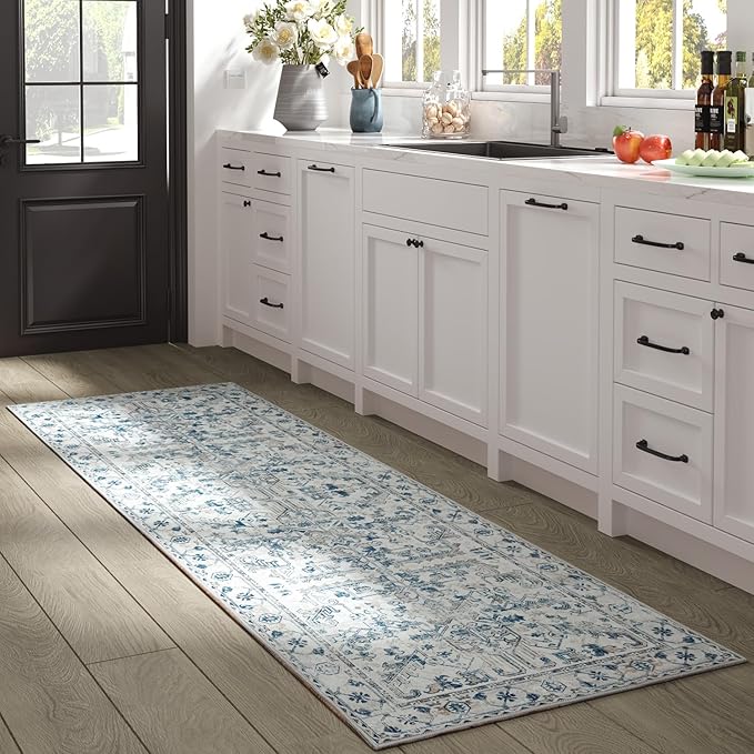 jinchan Lima Hallway Runner Rug 2x10 - Kitchen Washable Rug Floral Runner Non Slip with Rubber Backing Ultra-Thin Vintage Carpet for Bedroom Laundry Room Living Room (2x10ft, Blue)