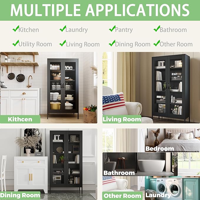 COFaR Modern Mesh Storage Cabinet, Free Standing Tall Pantry, Cupboard Metal Display Cabinet for Living Room, Kitchen, Dining Room