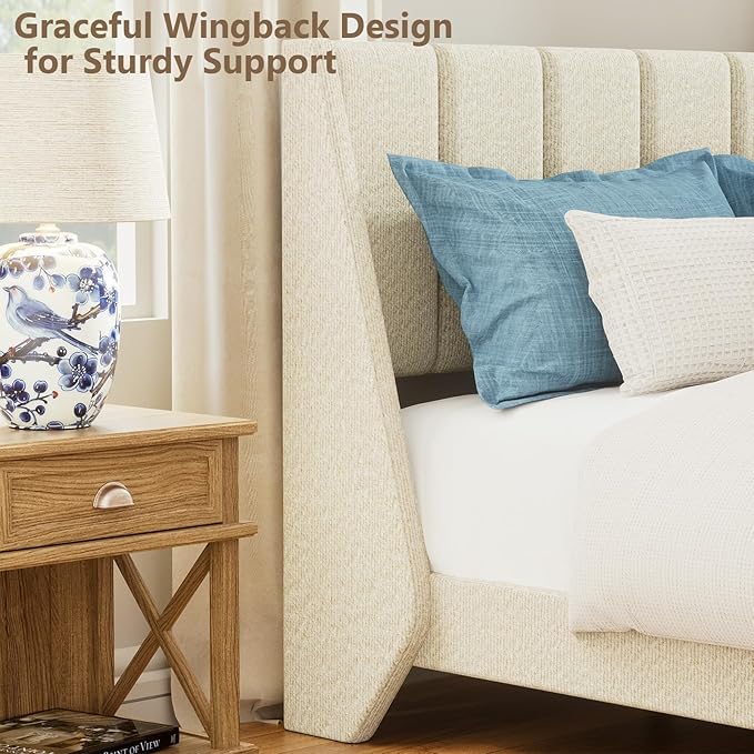 Brafab Queen Boucle Upholstered Bed Frame with Wingback Headboard, No Box Spring Needed, Easy Assembly, Platform Bed with Wooden Slats, Beige(Queen (U.S. Standard))