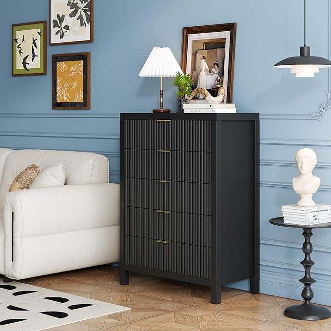 43" 5 Drawer Dresser Tall Dresser Organizer TV Drawer Cabinet Modern Wood Storage Cabinet, Modern Wood Storage Cabinet for Bedroom, Hallway, Entryway, Black