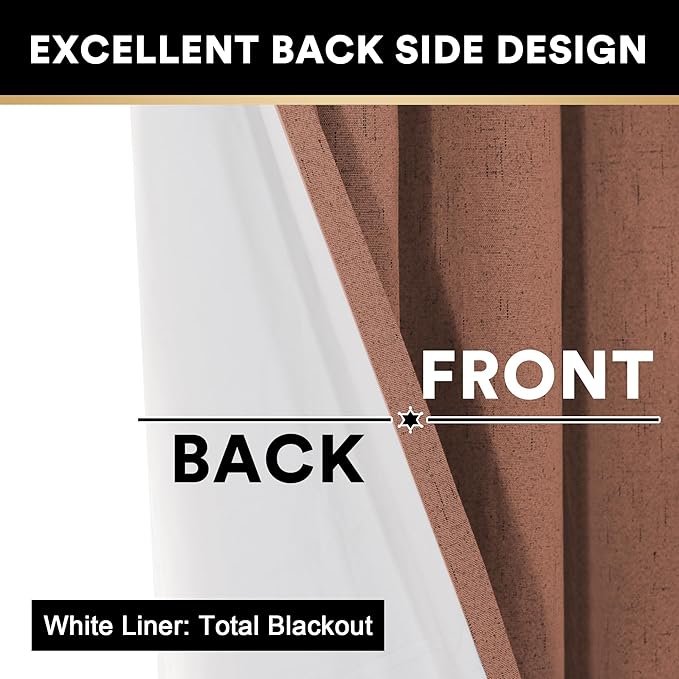 PrinceDeco Thick Linen Blend Curtains 100% Blackout Curtains 64 inch Long 2 Panels Set for Bedroom Nursery Living Room Full Blackout Window Draperies with White Liners 42" Wide,64" Length,Washed Spice