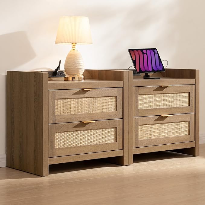 SICOTAS Night Stand Set of 2 - Rattan Nightstands with Type-C Charging Station, 2 Rattan Drawers - Boho Bed Side Tables End Table for Small Space - Natural Oak