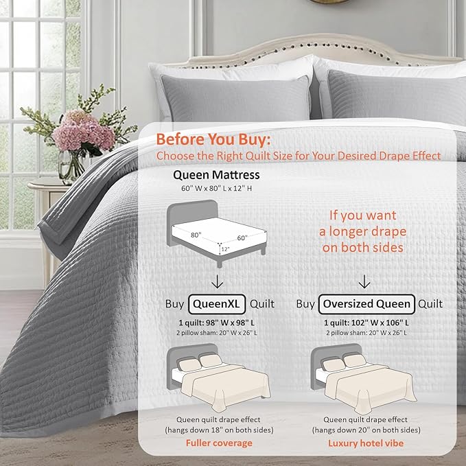KASENTEX Queen XL Quilt Set 98"x98" – Soft Washed 3-Layer Lightweight Bedspread, Minimalist Nordic Design, All-Season Spring & Summer Quilt Set (1 Quilt + 2 Pillow Shams), Solid Grey