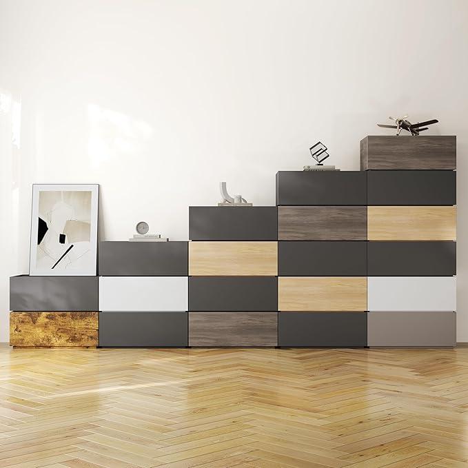 Modular Stackable Drawers, Modern Nightstand Modular Storage Bins - Storage Cabinet, Bedside Table, Sofa End Table for Living Room Hallway Entryway Grey Small Set 1