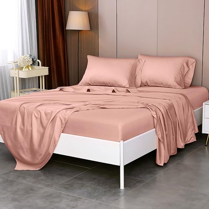 Queen Sheets, Rayon Derived from Bamboo, Cooling Bed Sheets Set,Deep Pocket Up to 16", 4 Pieces Silky Soft, Breathable Bedding Sheets & Pillowcases(Pink,Queen)