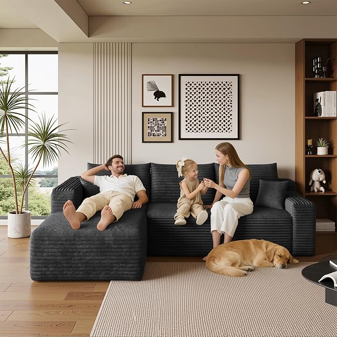 96" Sectional Couches for Living Room Modern Modular Sofa with L-Shape Couchs Upholstered Boneless Couch Deep Seat Sectional Couch with Chaise (Black, 96" Left Facing Chaise+2Seaters)