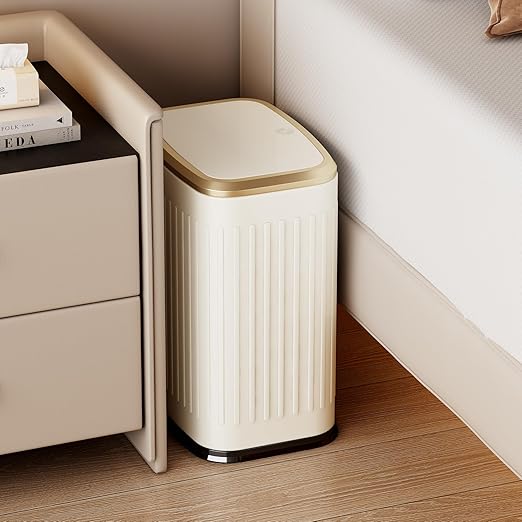 TIPGO Bathroom Trash Can with Lid, 2.1 Gallon / 8 Liter Small Garbage Can, Press Top Bin, Stainless Steel Wastebasket with Pop-Up Lid for Bedroom, Living Room, Office (Cream)