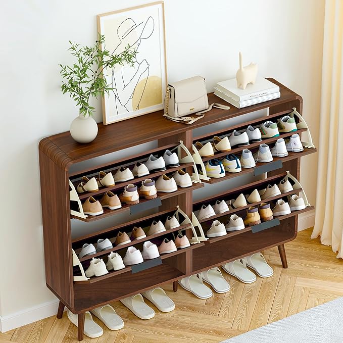 47" Fluted Large Shoe Cabinet with 4 Flip Drawers, Slim Freestanding Shoe Cabinet Organizer, Narrow Shoes Storage Rack for Entryway, 5 Sturdy Legs (All Walnut, 9.45" D x 47.24" W x 35.83" H)