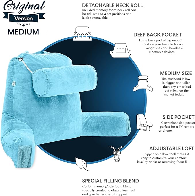 Husband Pillow Medium Carolina Blue, Backrest for Kids, Teens, Petite Adults - Reading Pillows with Arms, Adjustable Plush Memory Foam, Bed Rest Chair Sitting Up, Detach Neck Roll, Removable Cover