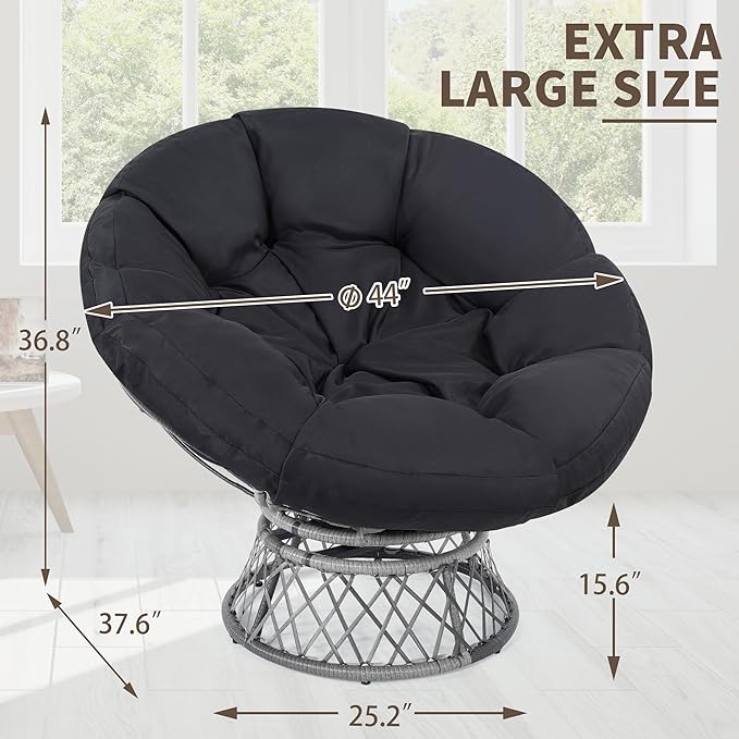 46" Giant Oversized Rattan Papasan Chair with Cushion and Frame for Adults, Fluid 360° Swivel, Waterproof, Grey Frame with Black Cushion