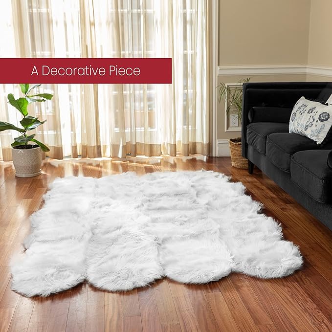Walk on Me Silky Soft Shaggy Faux Fur Sheepskin Rug with Non-Slip Backing for Living Room, Bedroom, Kid's Room, or Nursery, Home Decor Accent, White
