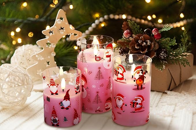 Eywamage Pink Christmas Flameless Pillar Candle with Remote, Flickering Gnomes Santa Glass LED Candles Battery Operated Set of 3