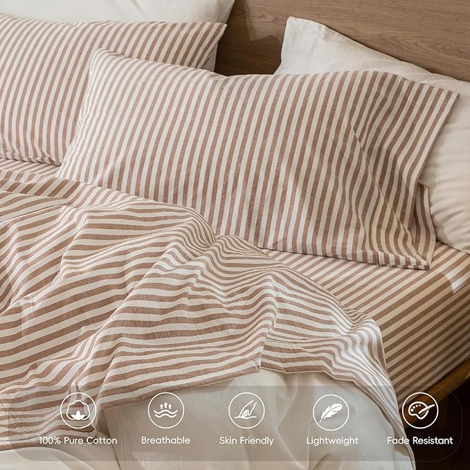 MooMee Striped Fitted Bottom Sheet Only 100% Washed Cotton Linen Like Textured Breathable Durable Soft Comfy Deep Pocket Fits Mattress up to 17" (Orange Classic Stripes, Queen)