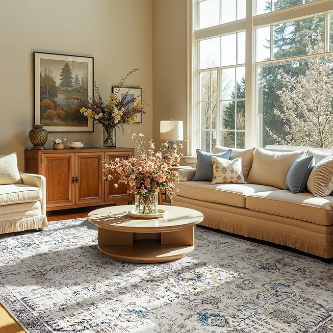 jinchan Kalen Area Rug 9x12 Washable Living Room Rug Vintage Indoor Large Floor Cover Retro Accent Mat Distressed Floral Country Boho Non Slip Thin Carpet for Bedroom Dining Room Office Blue Multi