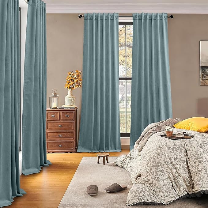 RYB HOME 100% Blackout Blue Velvet Curtains 90 inches Long, Back Tab Thermal Insulated Noise Reducing Curtains & Drapes for Living Room Kids Bedroom, Stone Blue, 52W x 90L, Set of 2 Panels