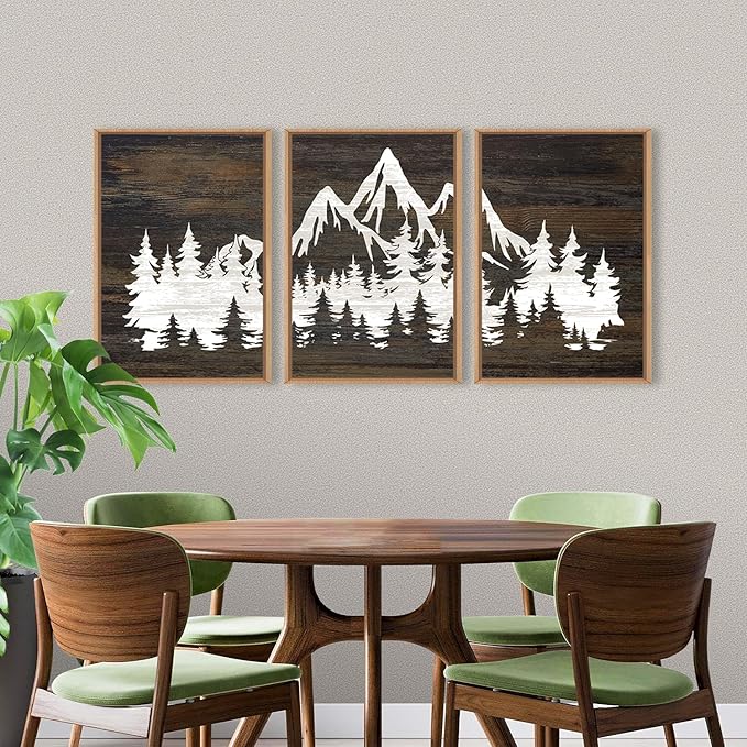 LHIUEM Large Mountain Tree Framed Canvas Wall Art Set,Modern White Forest Art Printing Country Minimalist Wood Wall Decor Farmhouse Zen Artwork for Living Room Bedroom Office-16 x24 x3