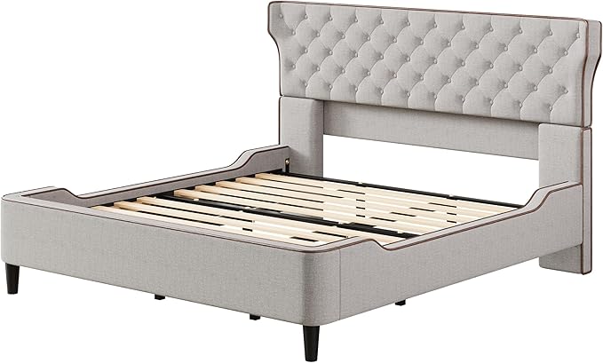 Christopher Knight Home Salus Linen Upholstered King Size Bed Frame with Headboard, Modern King Bed Frame and Headboard, Wooden Slats Support, Easy Assembly, No Box Spring Needed, Grey