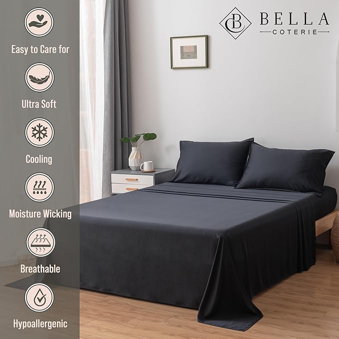 Bella Coterie Luxury Bamboo Viscose Split King Size Sheet Set | 2 Fitted Sheets for Sleep Number & Adjustable Beds | 100% Organically Grown | Cooling & Ultra Soft | 18” Deep Pocket [Black]