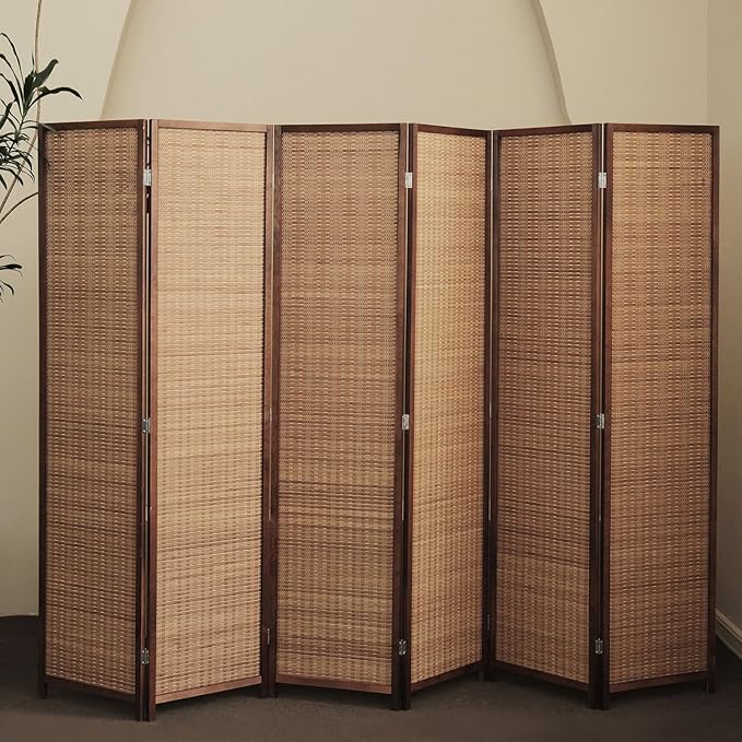Furnnylane 6 Panel Bamboo Room Divider and Folding Panel Screen,Bamboo Panel Divider for Room Separation,Brown,67" H x 92.1" W