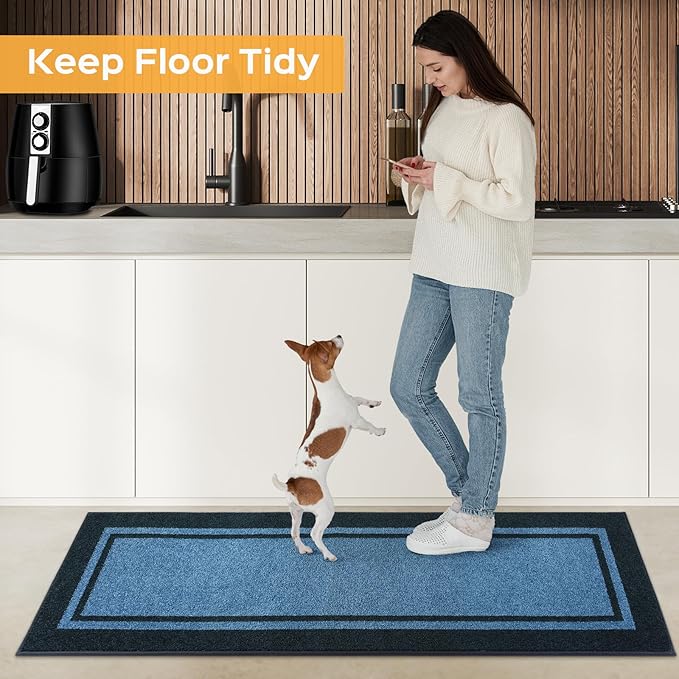 Kitchen Rugs Set (24" x 36"+24" x 60"), Non-Slip Machine Washable Kitchen Runner Rugs Floor Mats, Absorbent Comfort Standing Mats for Kitchen, Laundry and Hallway, Rolled Packaging, Light Blue & Navy