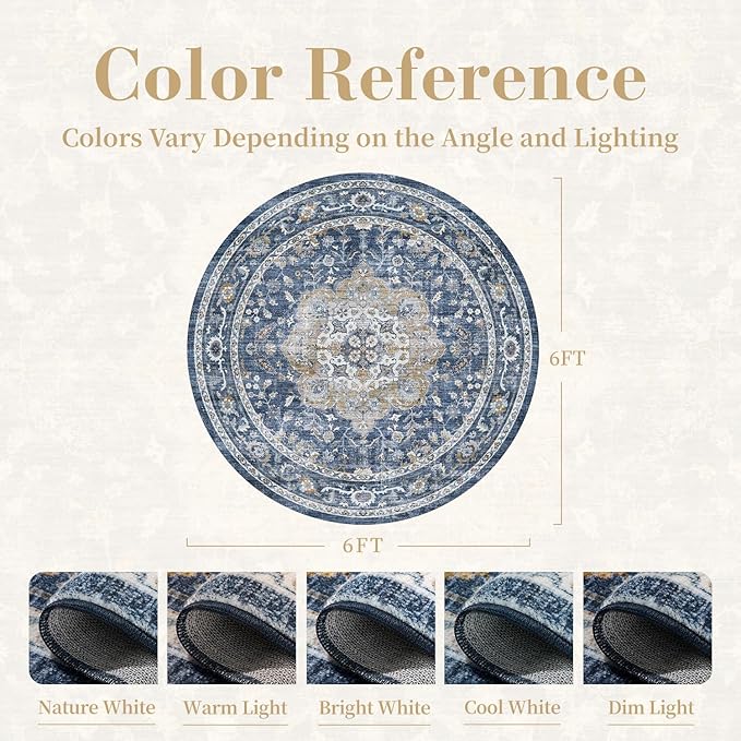 PADOOR 6FT Round Rug,Rugs for Living Room,Soft Blue Circle Rug,Machine Washable Rugs for Bedroom,Non Slip Carpet,Rug for Dining Room Living Room Bedside Office