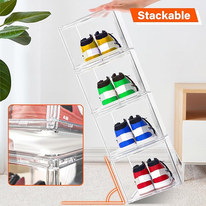 1 Pack Acrylic Drop Front Shoe Boxes Fit Size 13, Clear Stackable Shoe Organizer with Front Side Magnetic Door for Closet, Entryway, Underbed, Multiple Display Cases for Hats, Figures, Sneakers