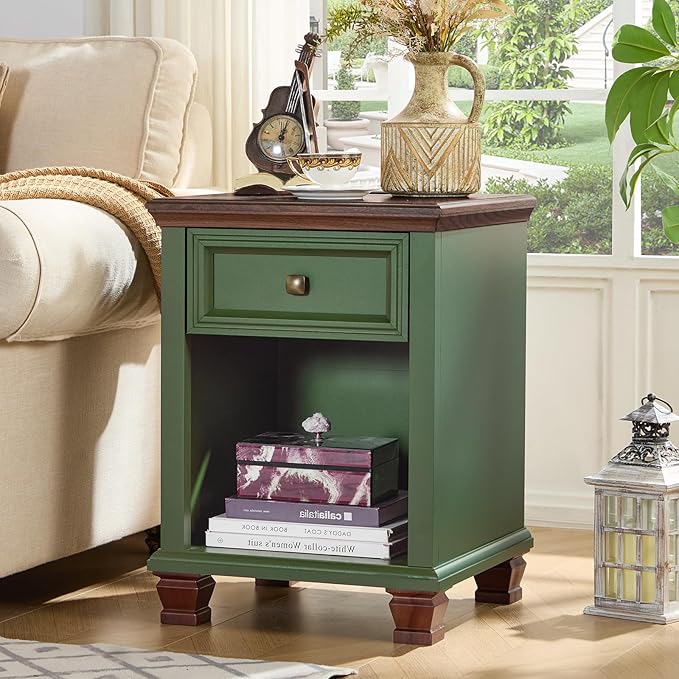 SAVOR LIFE Farmhouse End Tables Living Room with Drawer, Rustic Wood Nightstand with Charging Station, Bedside Table with Open Shelf for Bed Room, Living Room, Green