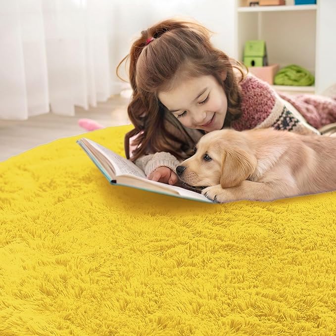 OLANLY Yellow Round Rugs for Bedroom - Machine Washable, 8 ft Circle Area Rugs for Living Room, Soft and Fluffy Shaggy Carpet for Teen Girl and Boys, Nursery Rooms, Dorms, Home Decor Aesthetic