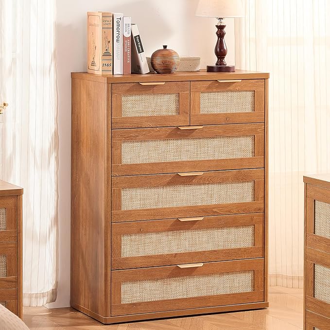 LEYAOYAO Rattan Dresser for Bedroom, 41" Tall Chest of Drawers, Modern 6 Drawers Boho Dressers with Storage, Vintage Brown Dresser Wooden Closet Organizer for Living Room, Hallway