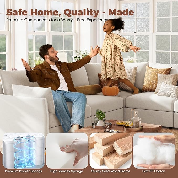ABCASA 135.5" Oversized Modular Sectional Sofa, L Shaped Convertible Couch with Movable Ottoman, 5 Seat Corner Couches for Living Room Deep Seat White Chenille