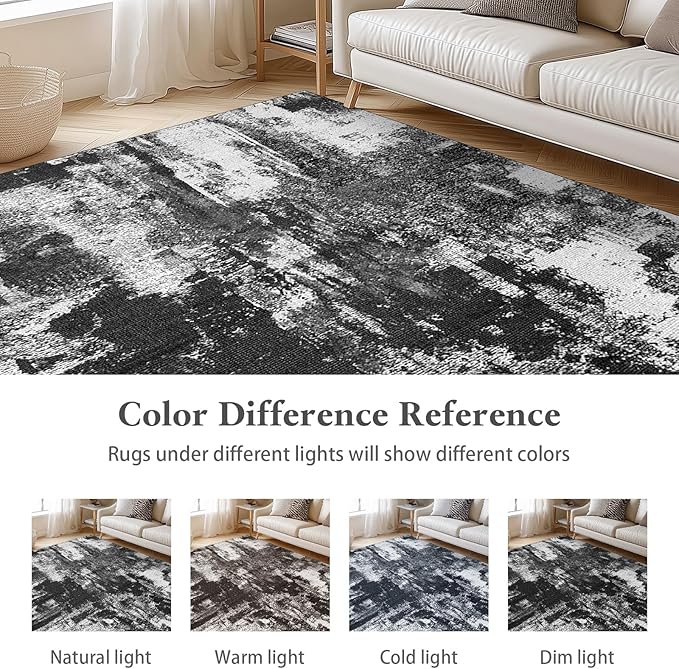 5x7 Area Rug Living Room Rugs - Machine Washable Neutral Abstract Rugs for Dinning Room Indoor Floor Non Silp Rug Carpet for Bedroom Home Office Decor - Black White